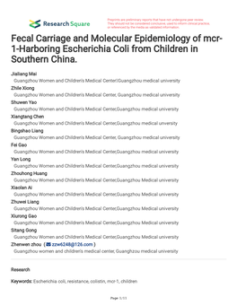 Fecal Carriage and Molecular Epidemiology of Mcr- 1-Harboring Escherichia Coli from Children in Southern China