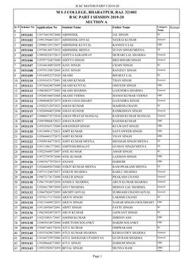 M S J COLLEGE, BHARATPUR, RAJ. 321001 B SC PART I SESSION 2019-20 SECTION a Sr.N Scholor No Application No Student Name Father Name Category Remarks O