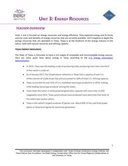 Energy Resources ​ Teacher Overview ​