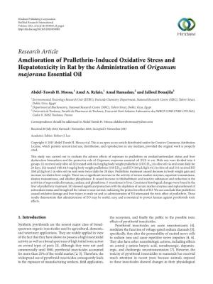 Research Article Amelioration of Prallethrin-Induced Oxidative Stress and Hepatotoxicity in Rat by the Administration of Origanum Majorana Essential Oil