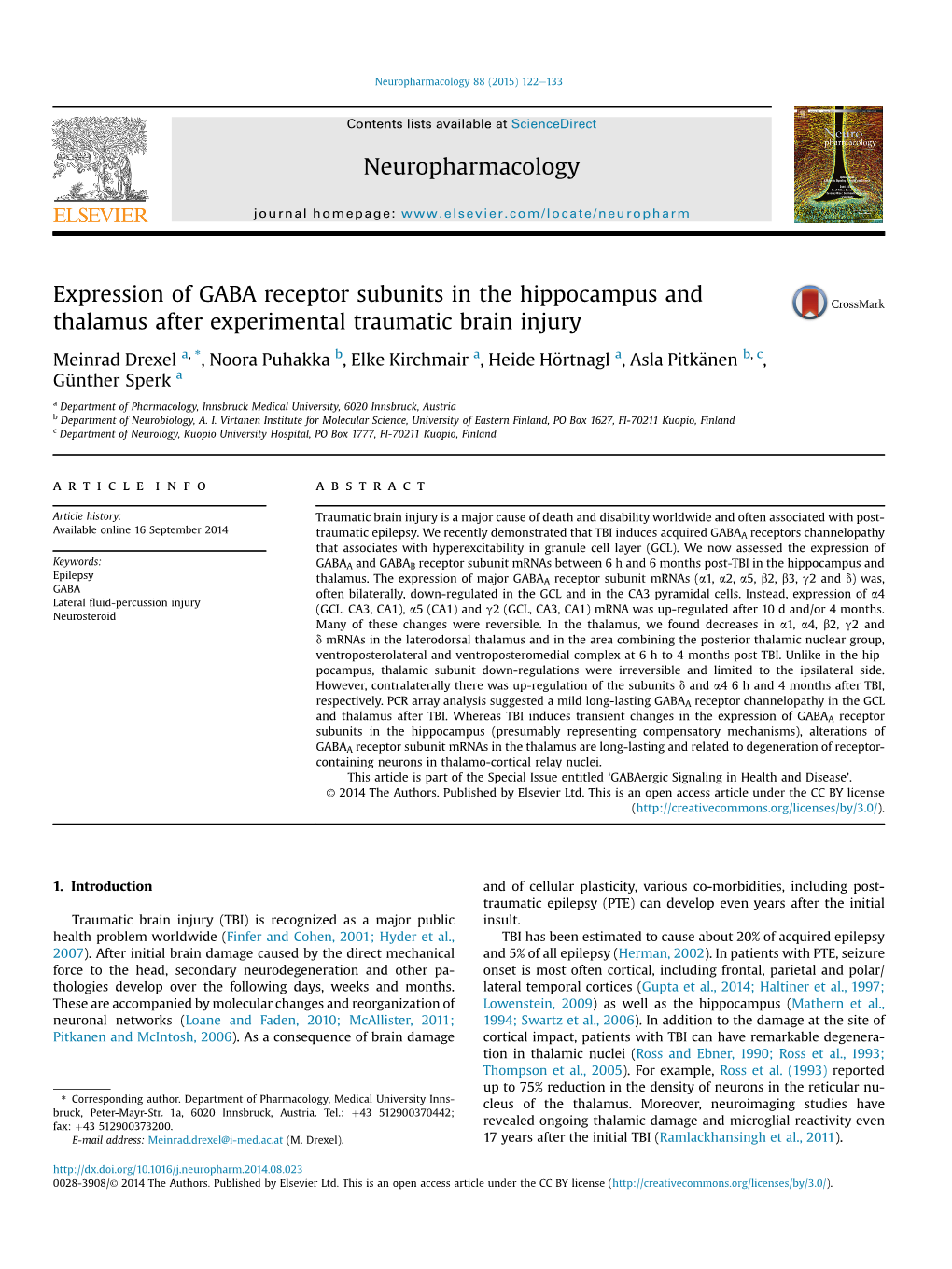 Expression of GABA Receptor Subunits in the Hippocampus and Thalamus After Experimental Traumatic Brain Injury