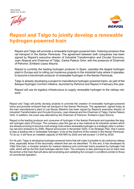 Repsol and Talgo to Jointly Develop a Renewable Hydrogen-Powered Train