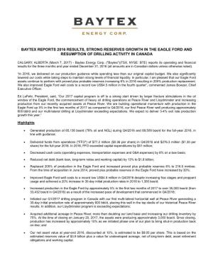 Baytex Reports 2016 Results, Strong Reserves Growth in the Eagle Ford and Resumption of Drilling Activity in Canada
