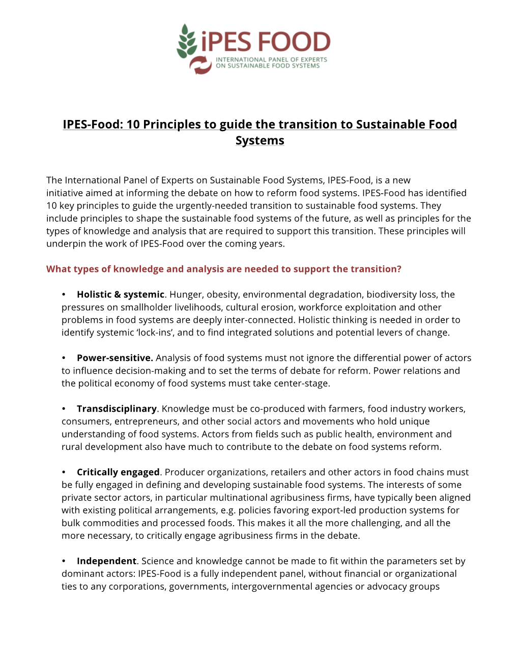 10 Principles to Guide the Transition to Sustainable Food Systems