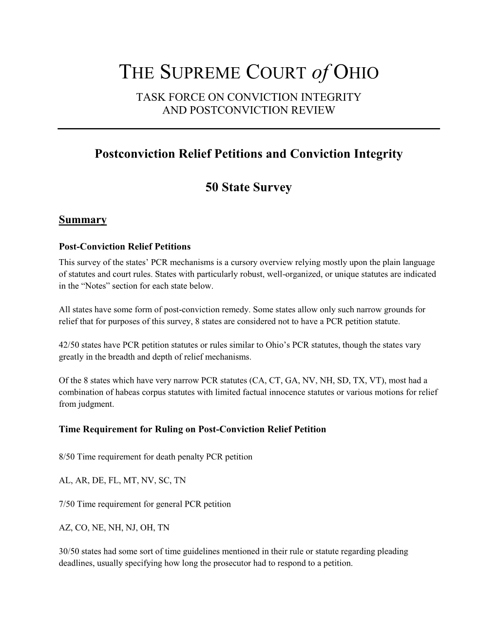 50 State Survey on Postconviction Relief Petitions and Conviction