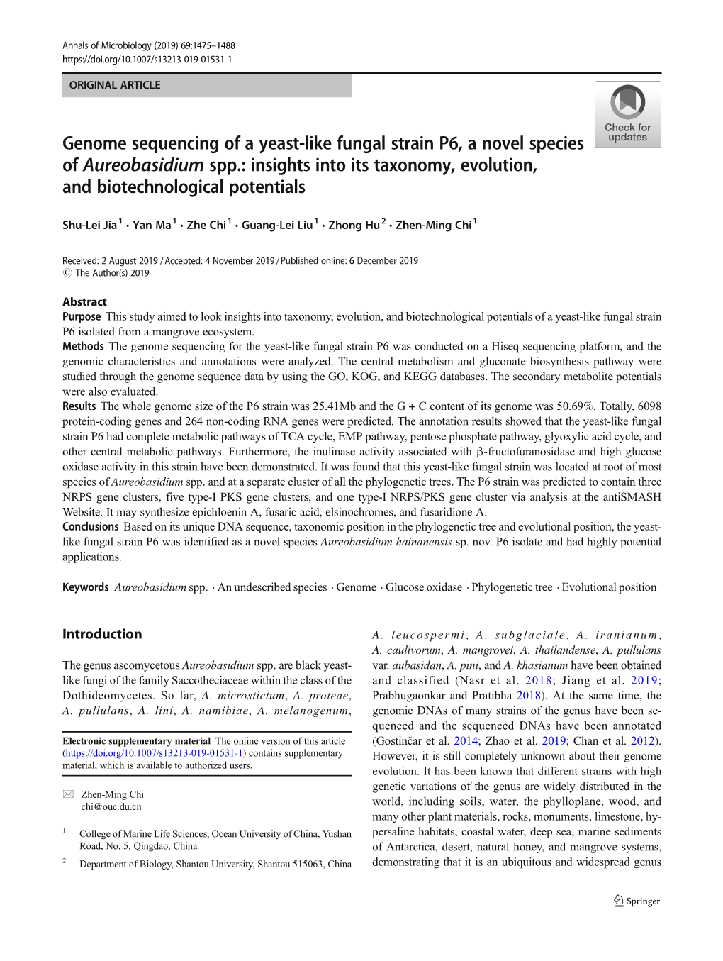 Genome Sequencing of a Yeast-Like Fungal Strain P6, a Novel Species of Aureobasidium Spp.: Insights Into Its Taxonomy, Evolution, and Biotechnological Potentials