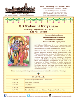 Sri Rukmini Kalyanam Saturday, September 26Th 2015 1:30 PM – 6:00 PM