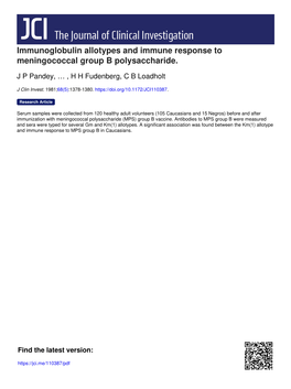 Immunoglobulin Allotypes and Immune Response to Meningococcal Group B Polysaccharide