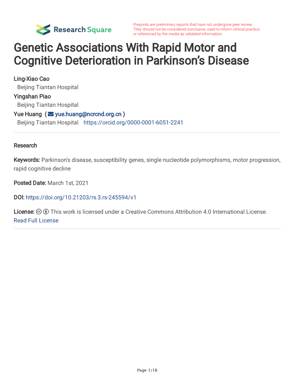 Genetic Associations with Rapid Motor and Cognitive Deterioration in Parkinson’S Disease