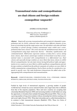 Transnational Status and Cosmopolitanism: Are Dual Citizens and Foreign Residents Cosmopolitan Vanguards?