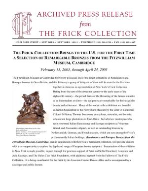 ARCHIVED PRESS RELEASE from the FRICK COLLECTION