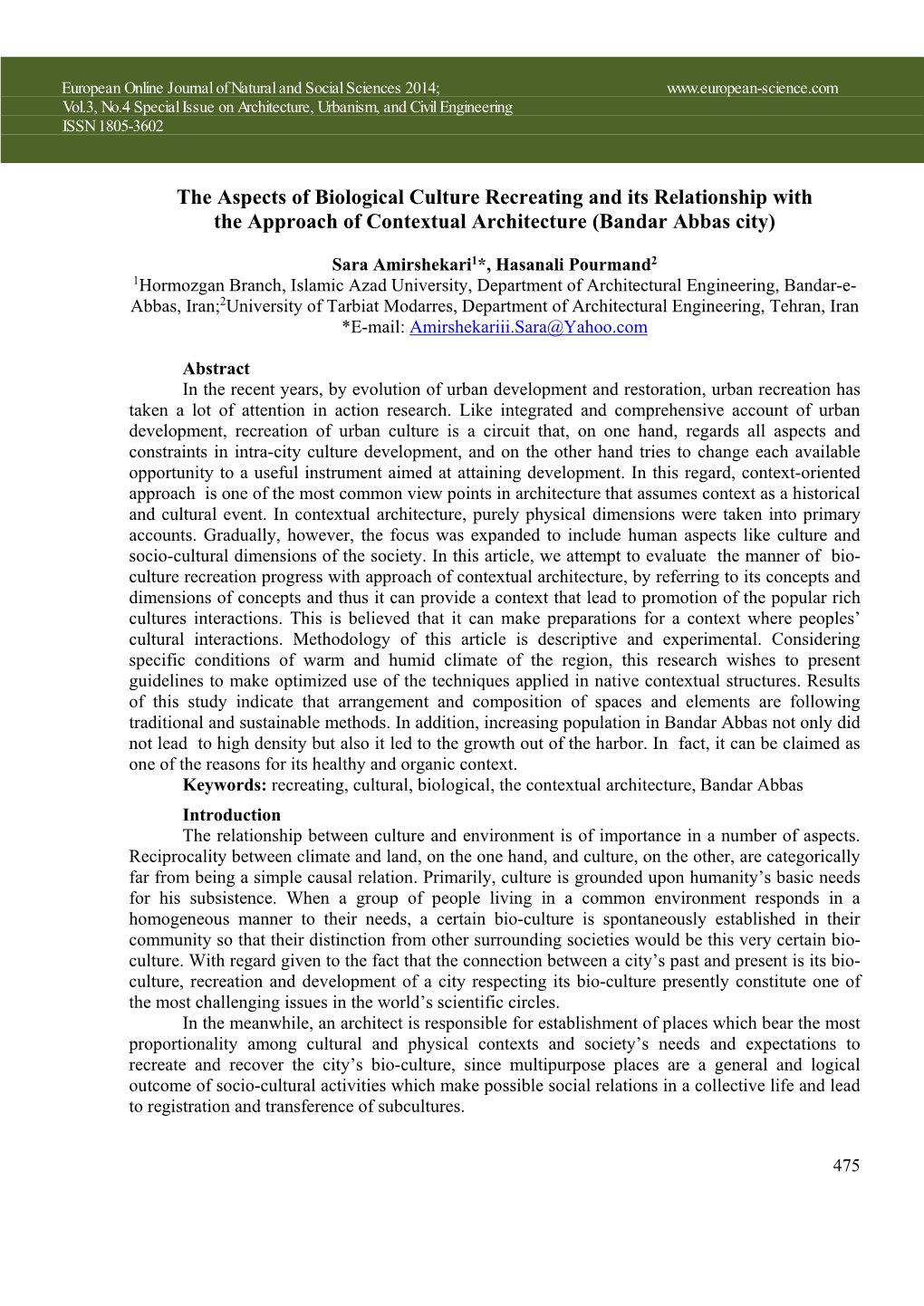 The Aspects of Biological Culture Recreating and Its Relationship with the Approach of Contextual Architecture (Bandar Abbas City)