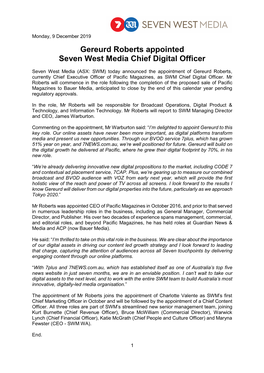 Gereurd Roberts Appointed Seven West Media Chief D