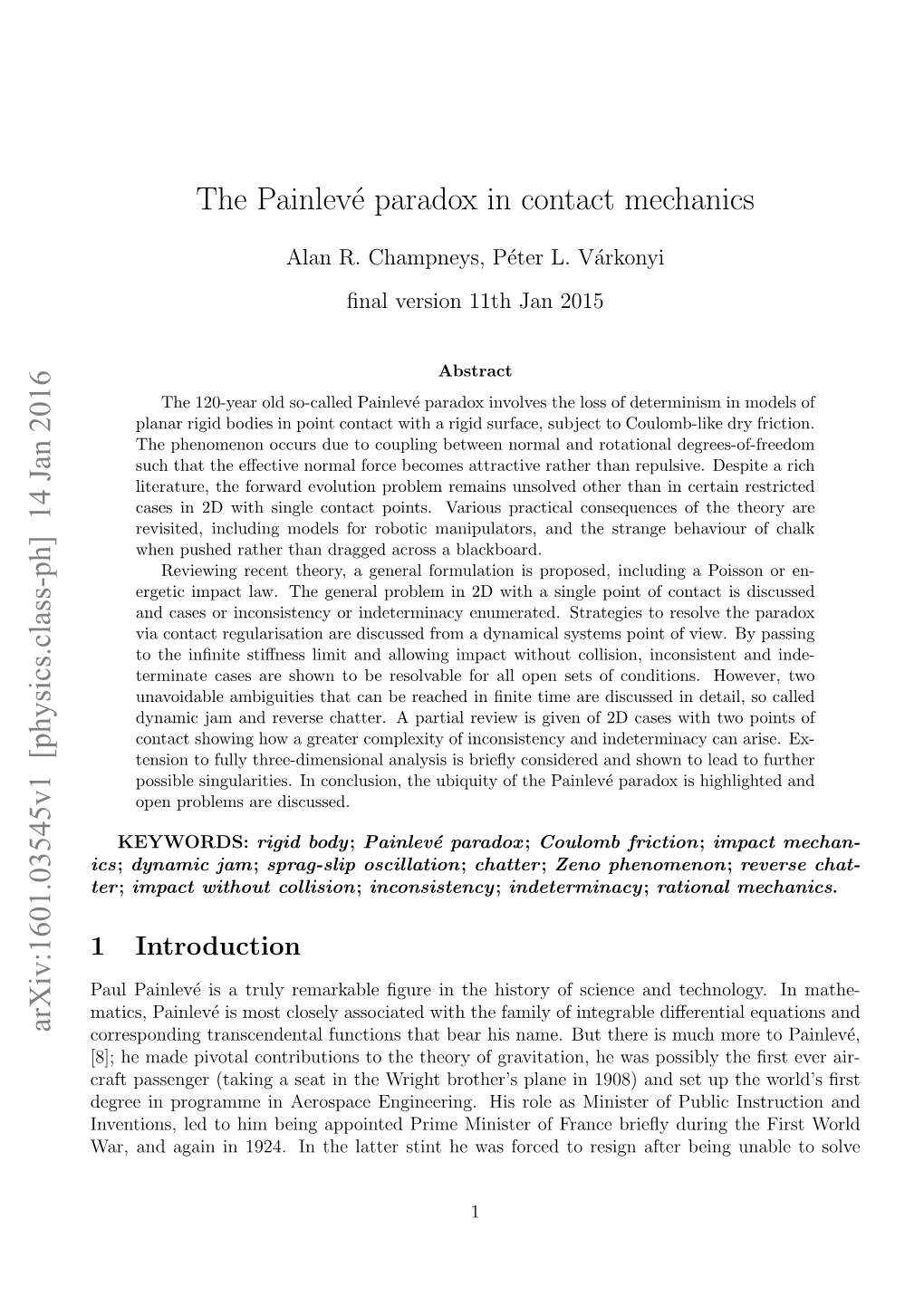 The Painlevé Paradox in Contact Mechanics Arxiv:1601.03545V1