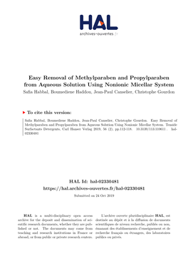 Easy Removal of Methylparaben and Propylparaben from Aqueous