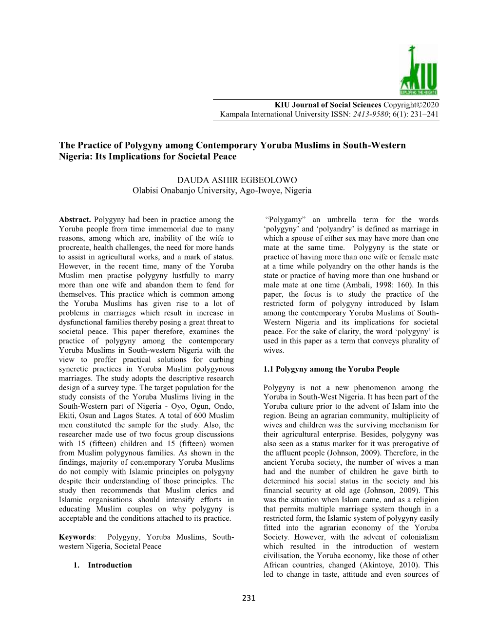 The Practice of Polygyny Among Contemporary Yoruba Muslims in South-Western Nigeria: Its Implications for Societal Peace