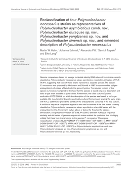Reclassification of Four Polynucleobacter Necessarius Strains As Representatives of Polynucleobacter Asymbioticus Comb. Nov., Polynucleobacter Duraquae Sp