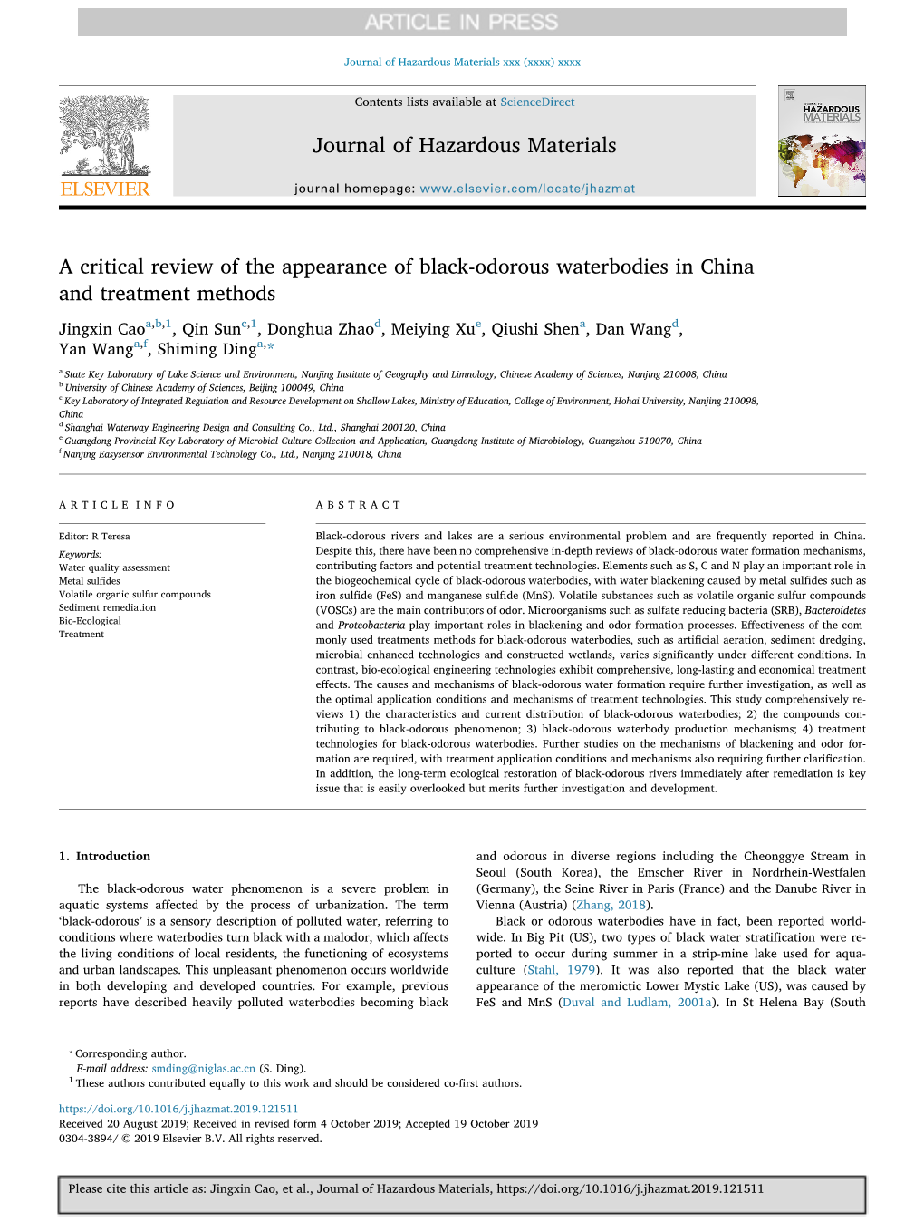 A Critical Review of the Appearance of Black-Odorous Waterbodies in China and Treatment Methods