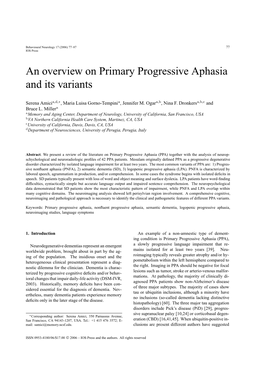 An Overview on Primary Progressive Aphasia and Its Variants