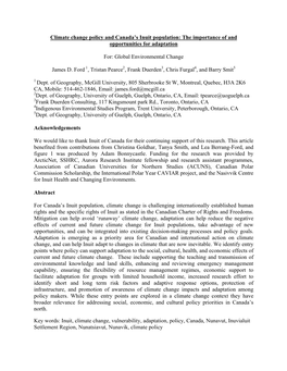 Climate Change Policy and Canada's Inuit Population: the Importance of and Opportunities for Adaptation For: Global Environme