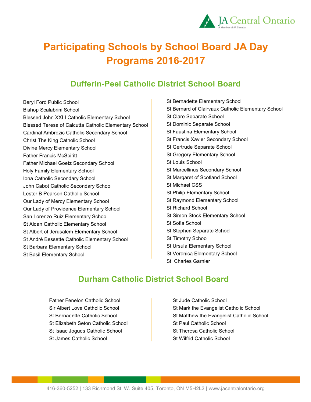 Participating Schools by School Board JA Day Programs 2016-2017