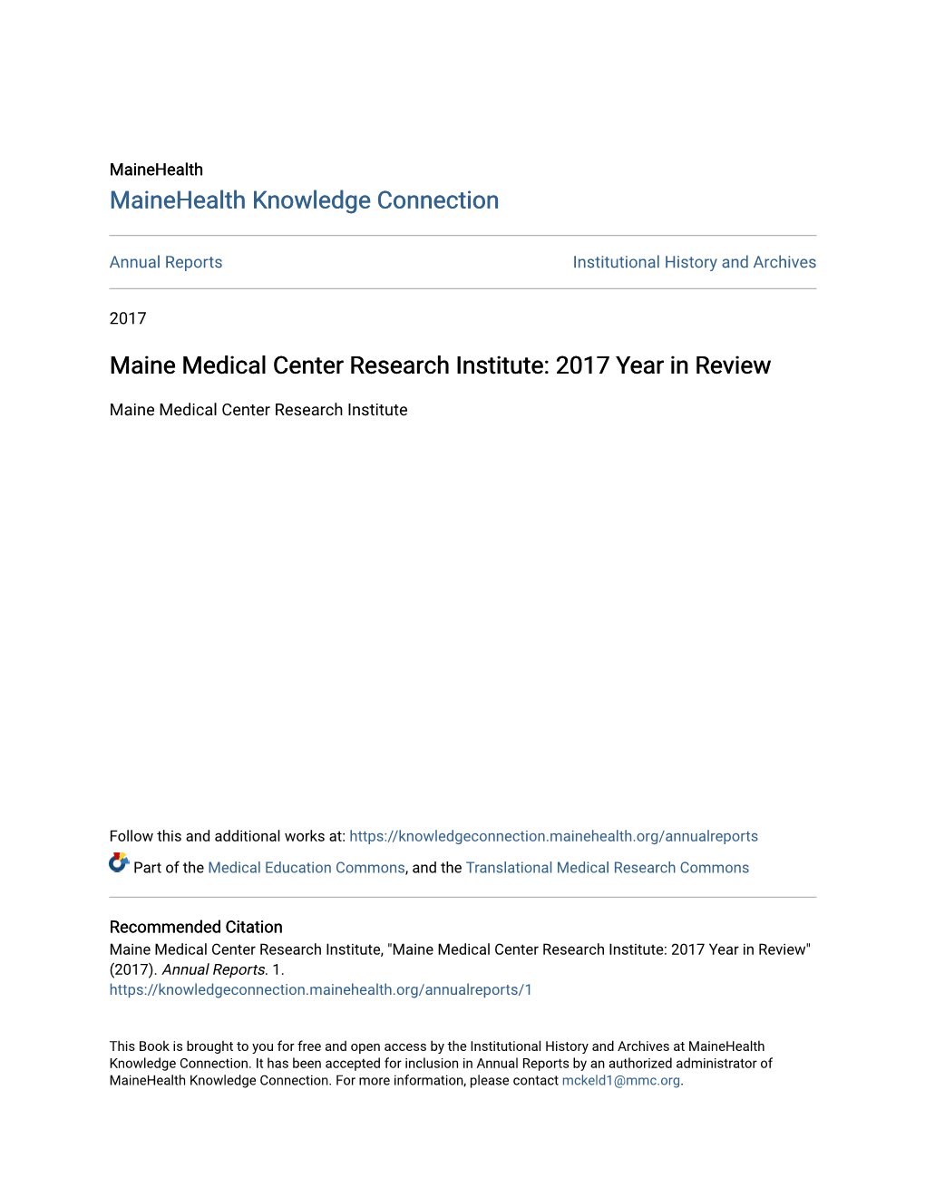 Maine Medical Center Research Institute: 2017 Year in Review