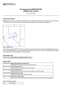 Ecological Site R029XY021NV LOAMY HILL 5-8 P.Z