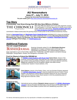 AU Newsmakers June 27 – July 11, 2014 Prepared by University Communications for Prior Weeks, Go To