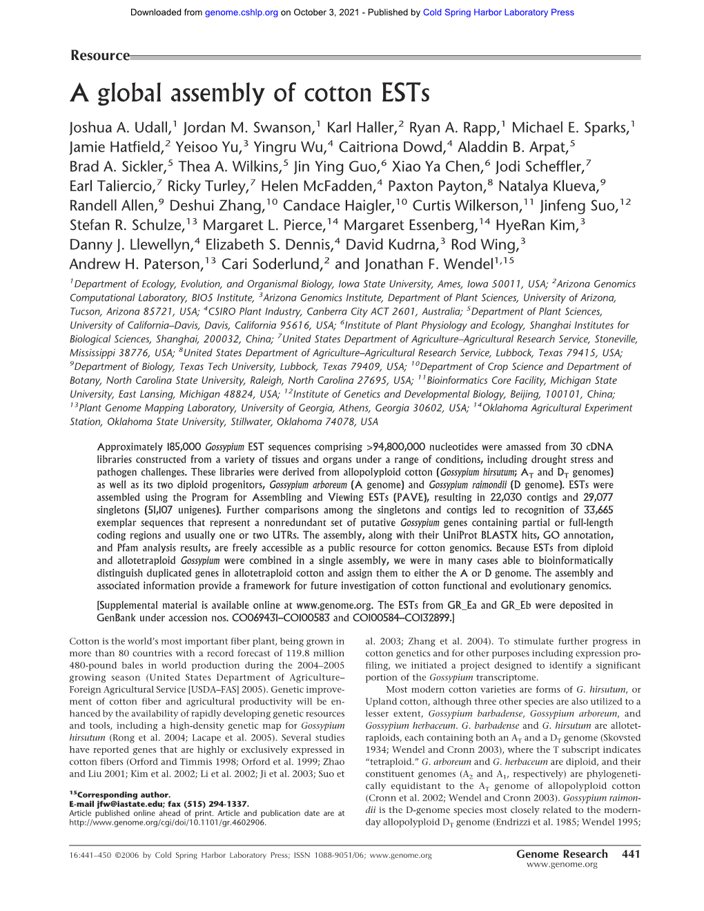 A Global Assembly of Cotton Ests