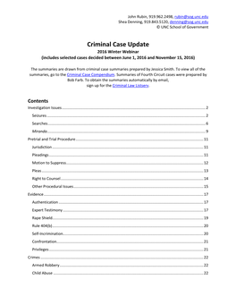 Criminal Case Update 2016 Winter Webinar (Includes Selected Cases Decided Between June 1, 2016 and November 15, 2016)