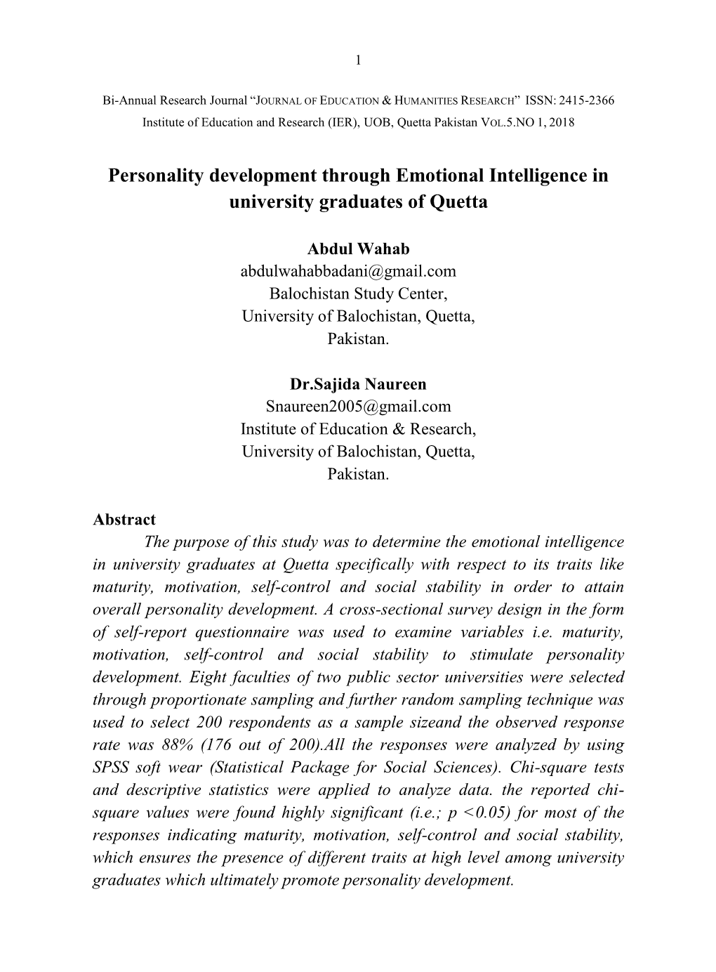 Personality Development Through Emotional Intelligence in University Graduates of Quetta