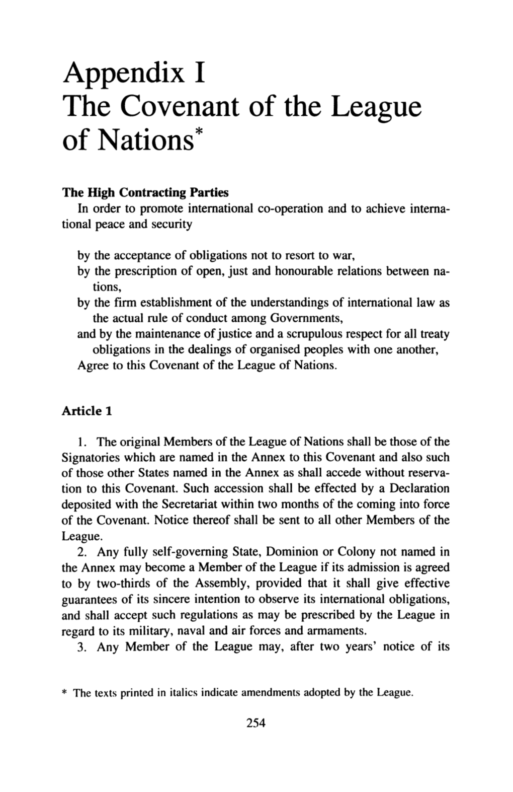 Appendix I the Covenant of the League of Nations*
