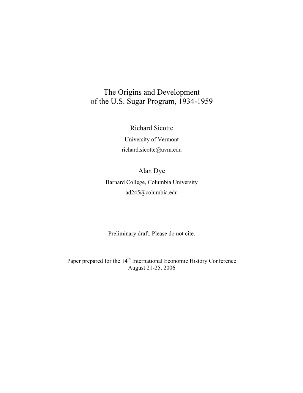 The Origins and Development of the U.S. Sugar Program, 1934-1959