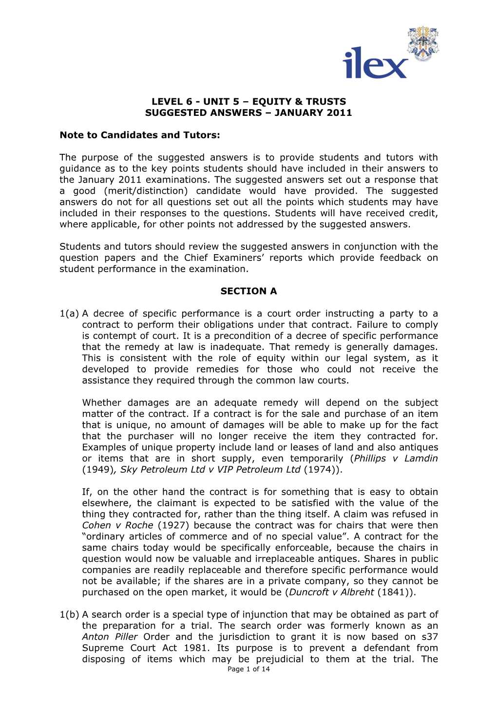 Level 6 - Unit 5 – Equity & Trusts Suggested Answers – January 2011