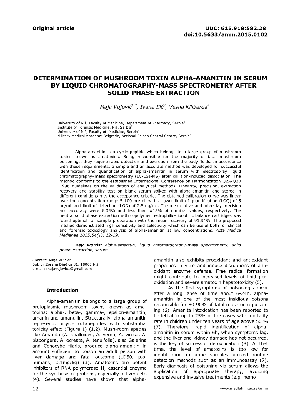 Determination of Mushroom Toxin Alpha-Amanitin in Serum by Liquid Chromatography-Mass Spectrometry After Solid-Phase Extraction