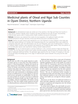 Medicinal Plants of Otwal and Ngai Sub Counties in Oyam District, Northern Uganda Maud M Kamatenesi1†, Annabel Acipa2*, Hannington Oryem-Origa1†