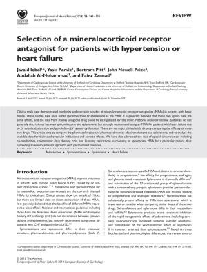 Selection of a Mineralocorticoid Receptor Antagonist for Patients with Hypertension Or Heart Failure