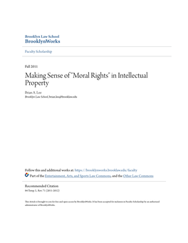 Making Sense of "Moral Rights" in Intellectual Property Brian A