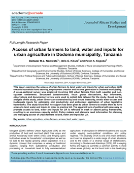 Access of Urban Farmers to Land, Water and Inputs for Urban Agriculture in Dodoma Municipality, Tanzania