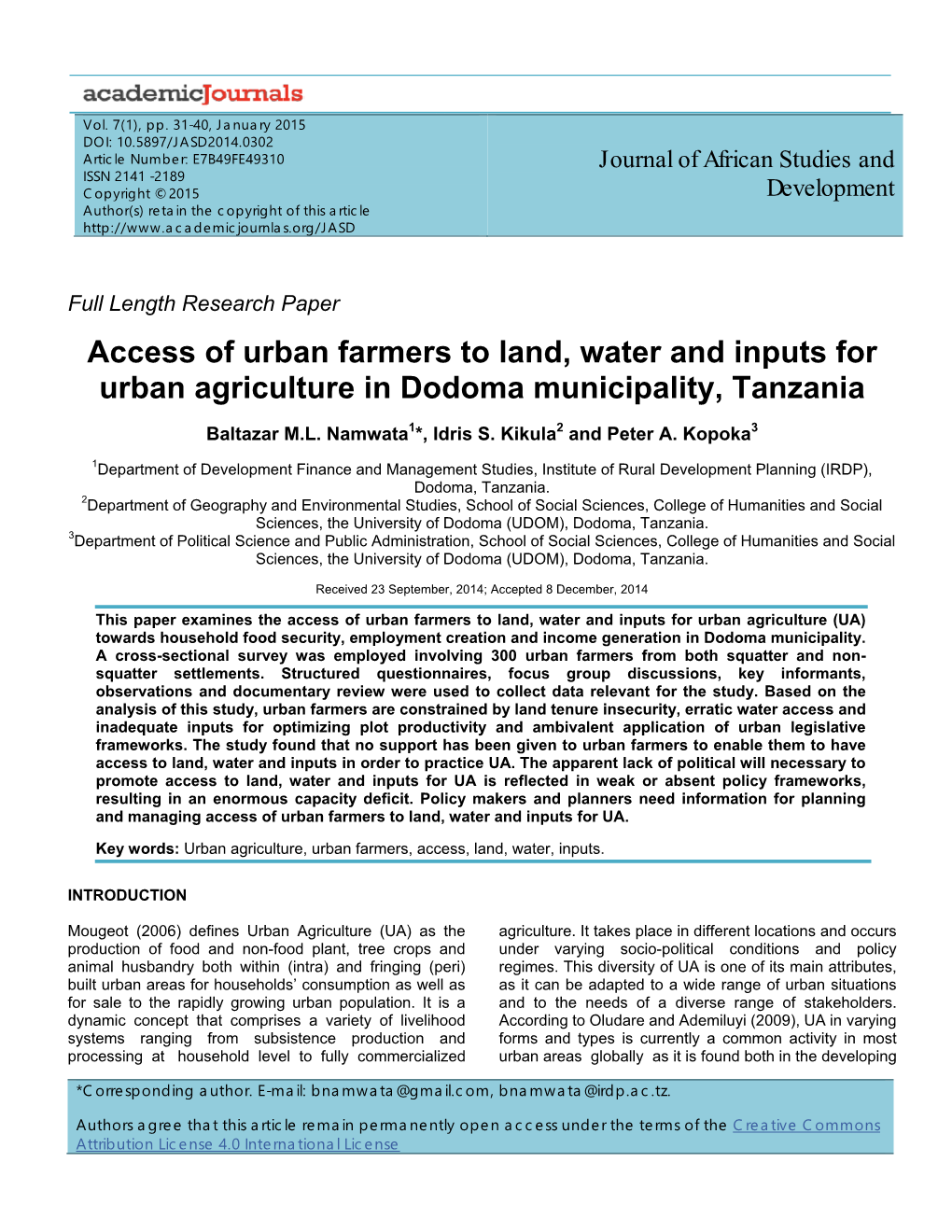 Access of Urban Farmers to Land, Water and Inputs for Urban Agriculture in Dodoma Municipality, Tanzania