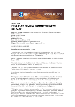 Foul Play Review Committee News Release
