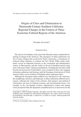 Origins of Cities and Urbanization in Nineteenth-Century Southern California: Regional Changes in the Context of Three Economic-Cultural Regions of the Americas