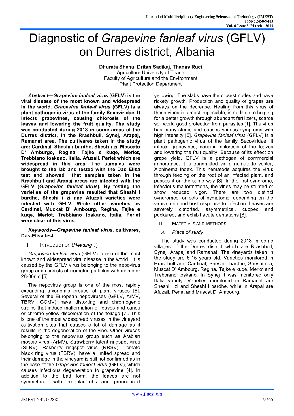 Diagnostic of Grapevine Fanleaf Virus (GFLV) on Durres District, Albania