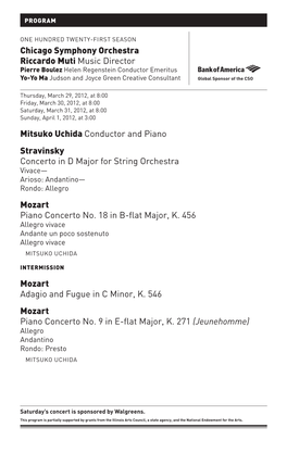 Mitsuko Uchida Conductor and Piano Stravinsky Concerto in D Major for String Orchestra Mozart Piano Concerto No. 18 in B-Flat Ma