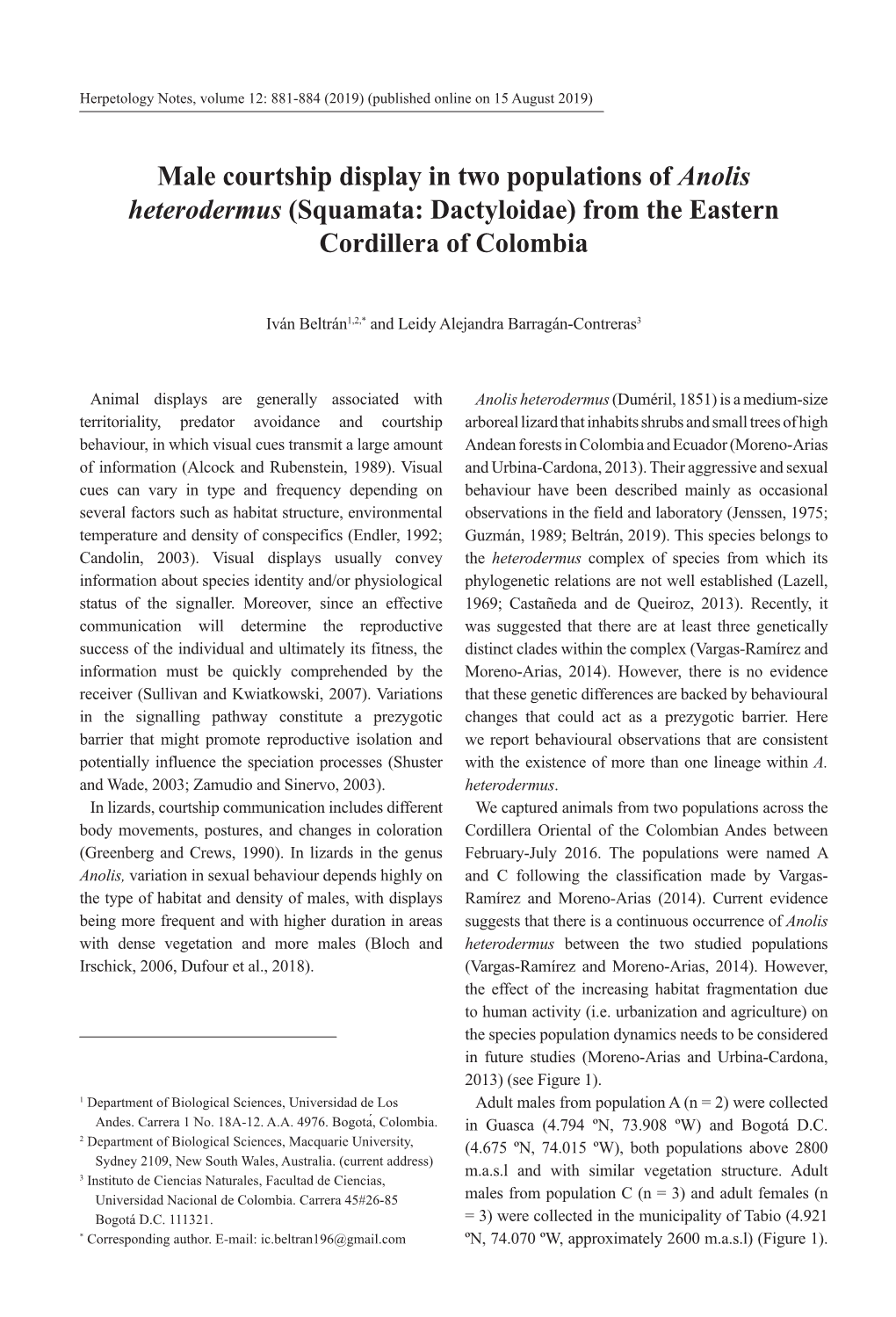 Male Courtship Display in Two Populations of Anolis Heterodermus (Squamata: Dactyloidae) from the Eastern Cordillera of Colombia