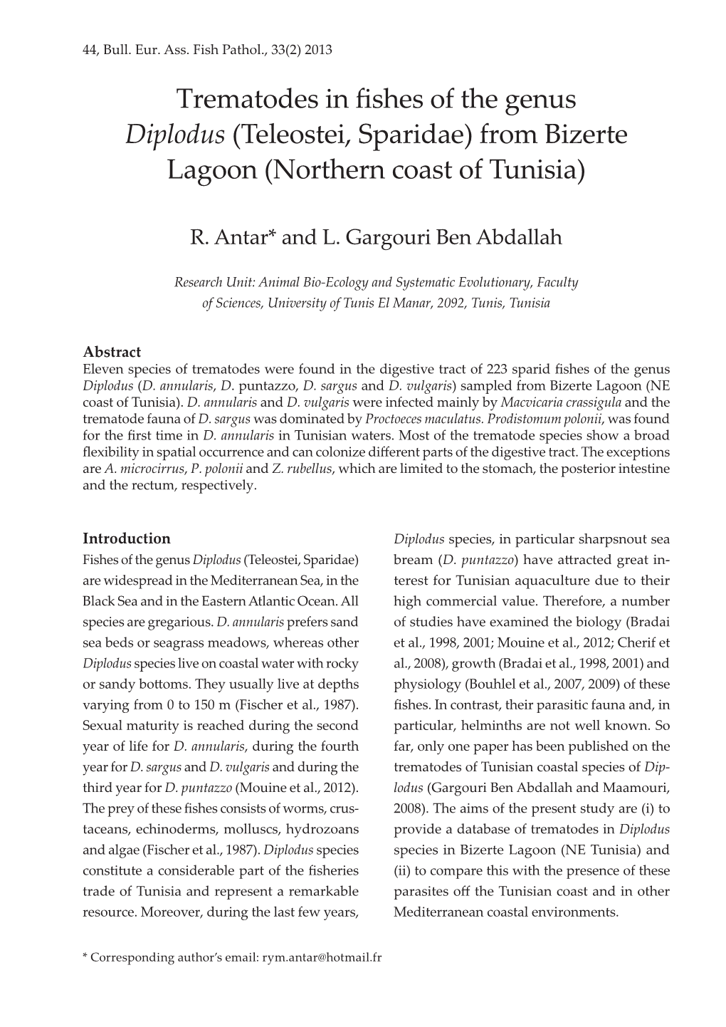 Trematodes in Fishes of the Genus Diplodus