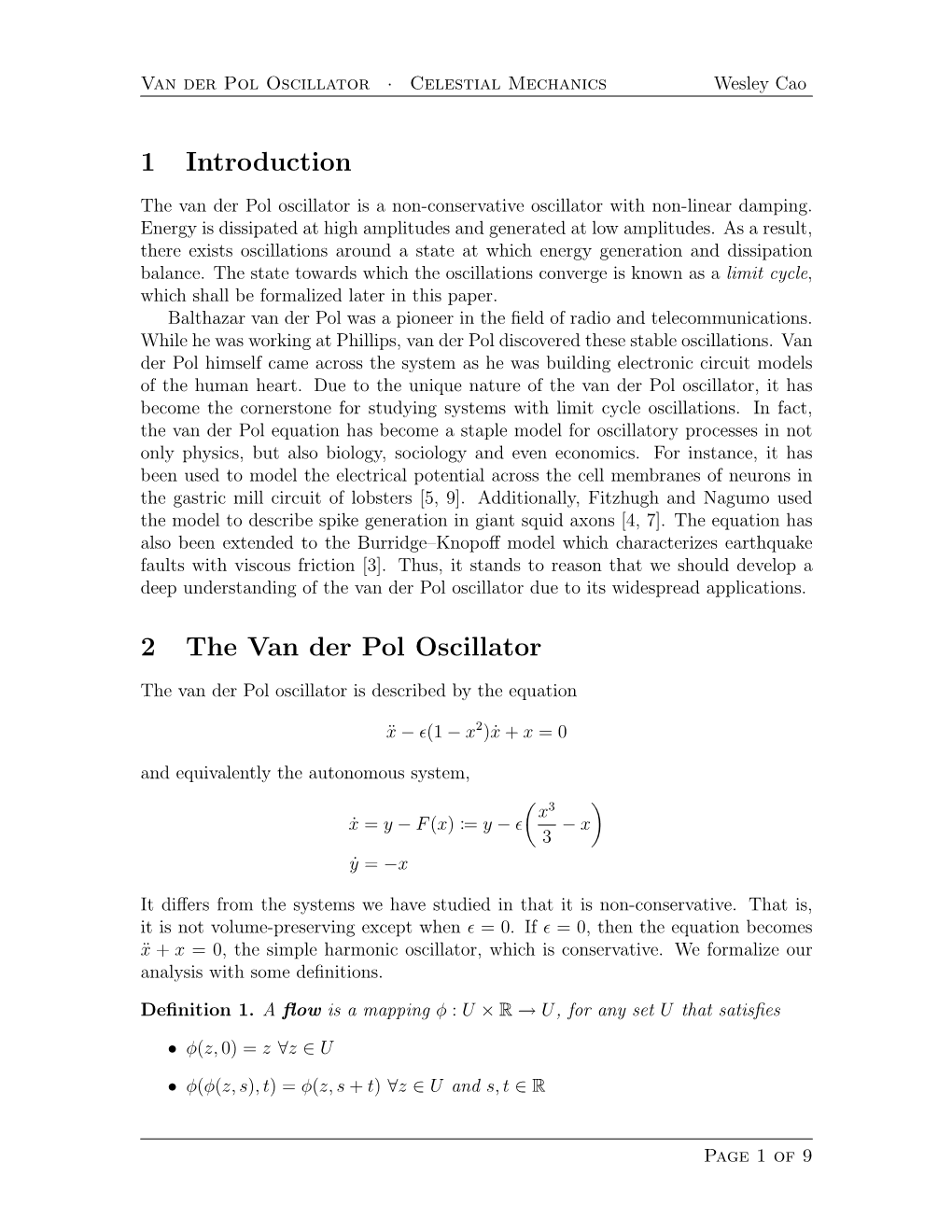 1 Introduction 2 the Van Der Pol Oscillator