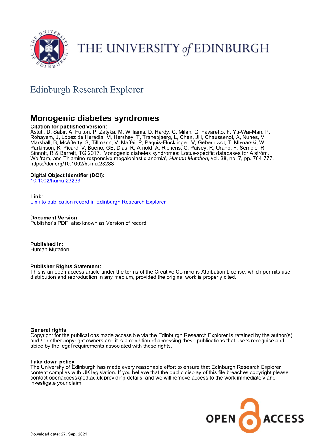 Monogenic Diabetes Syndromes: Locus‐Specific Databases