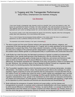 Intersections: Li Yugang and His Transgender Performance: Body Politics, Entertainment and Aesthetic Ambiguity