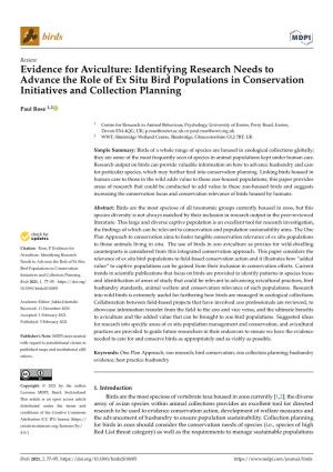 Evidence for Aviculture: Identifying Research Needs to Advance the Role of Ex Situ Bird Populations in Conservation Initiatives and Collection Planning
